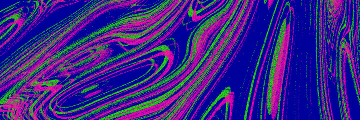 Psychedelic stipple overlay waves background. Pink, blue and acid green color. Motion fluid texture and noise effect. Vector graphic asset for web, digital design.
