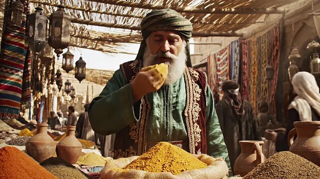 An elderly spice merchant in traditional attire carefully checks the quality of bright yellow turmeric powder, letting the fine grains sift through his fingers in a bustling, dimly lit Middle.