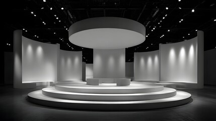 Modern Exhibition Pavilion with Layered White Stages and Floral Installations