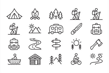 Fototapeta premium Outdoor Adventure Line Icons for Camping, Trekking, and Tourism Platforms