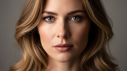 Fototapeta premium Captivating Portrait of a Young Woman with Intense Gaze and Wavy Hair.