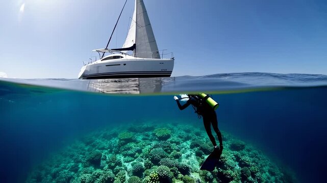 Split level underwater scene revealing scuba diver swimming near colorful coral reef beneath sailboat, capturing marine exploration in pristine tropical waters