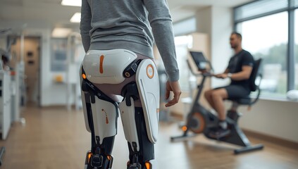 Close-up of a person's legs wearing a white and orange exoskeleton brace in a rehabilitation center with a blurred background