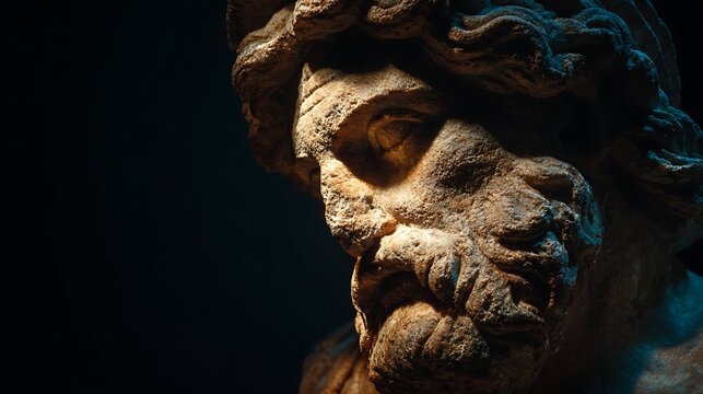 Close up of ancient stone sculpture face.