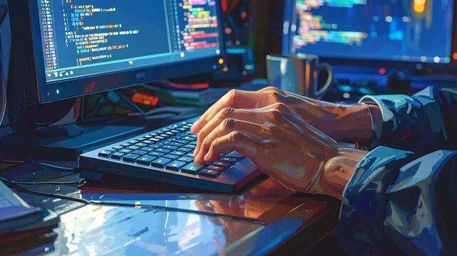 Programmer Coding on Computer with Code Displayed.