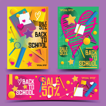 back to school poster banner template background for kids & student,stationery education in 2d illustration rendering