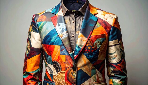 Vivid blazer with geometric patterns layered over a buttoned dress shirt