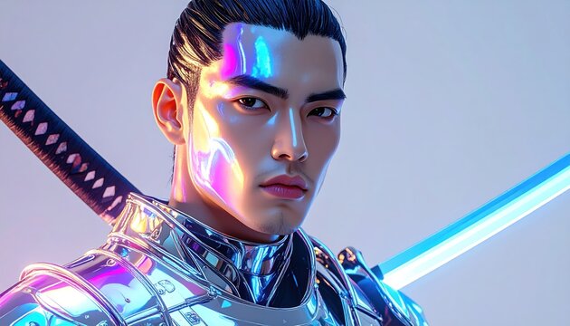 Close-up of a stoic warrior with neon glow, metallic armor, and two katana blades