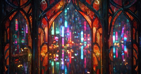 Stained glass window displaying abstract patterns and vibrant colors