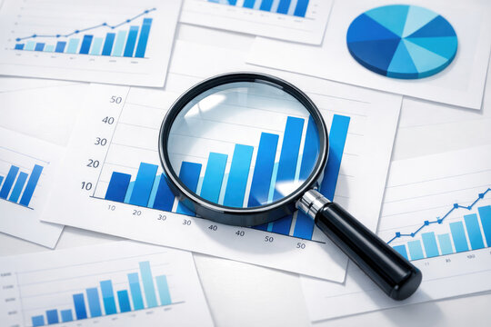 A magnifying glass rests on sheets of paper displaying bar graphs and pie charts with blue and white color schemes visible