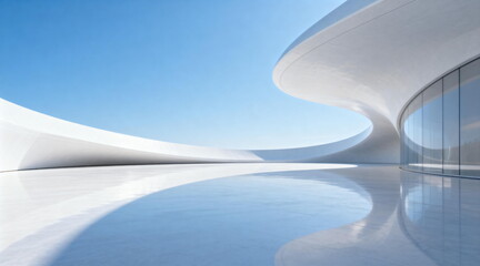Modern curved architectural design with smooth white surfaces and reflective pool