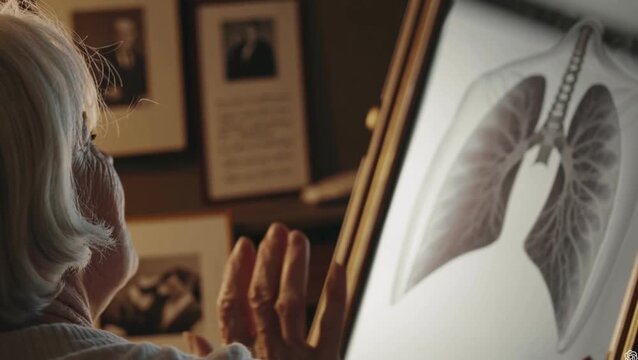 Elderly woman examining a digital chest X-ray image on a large screen; medical diagnostics, healthcare, radiology, modern medical technology and patient awareness concept.
