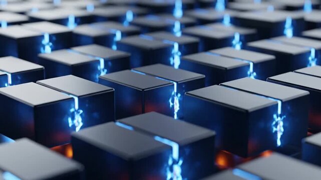 Abstract Grid of Black Cubes with Glowing Blue Lights - Futuristic Data Center