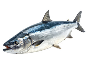 A close-up view of a large fish with a shiny, silver body and distinctive fin features