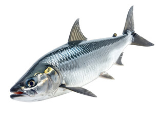 A silvery, streamlined fish isolated on black, showing fins and reflective scales