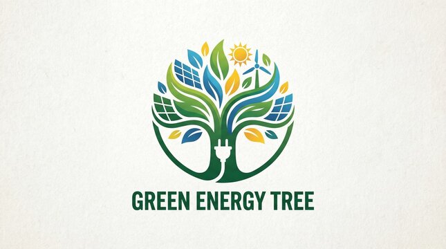 Green energy tree logo with solar panels and wind turbine