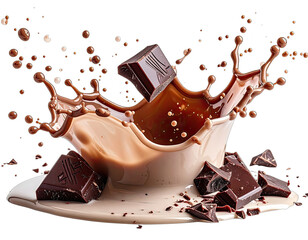 A dark chocolate piece crashing into a creamy liquid, creating a splash in a white bowl
