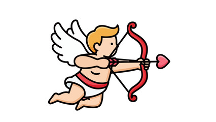 Fototapeta premium A cartoon cupid with wings and blond hair shoots a red heart-shaped arrow from his bow