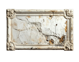 Weathered rectangular architectural element with ornate corners, displaying cracks