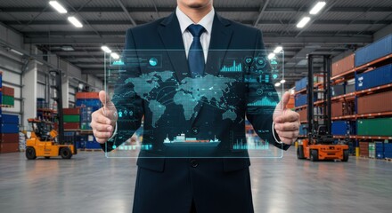 A suited man in a warehouse interacts with a futuristic, digital globe interface