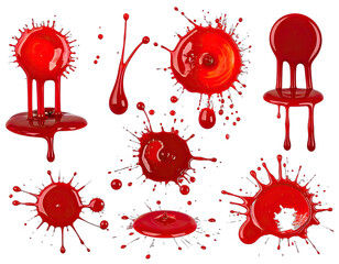 Collection of vibrant red paint splatters, drops, and blotches against a stark black background