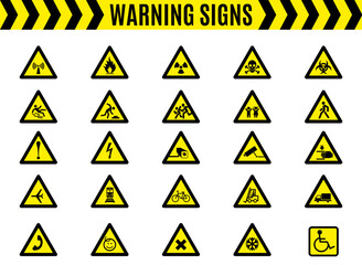 Collection of yellow warning signs and hazard symbols in black outline on white background