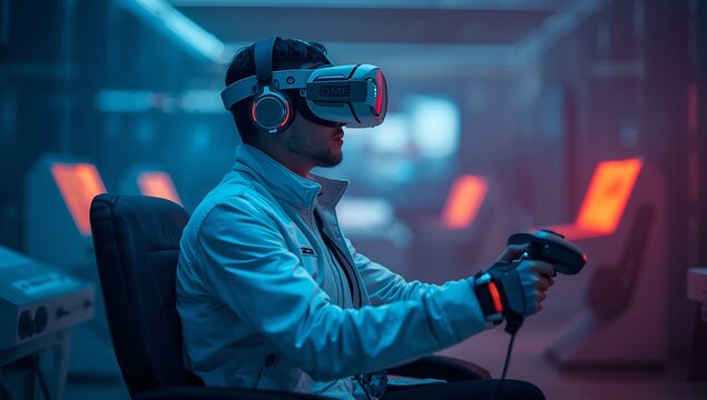 Man wearing aVR headset and holding a controller in a dimly lit room with neon blue and red lighting