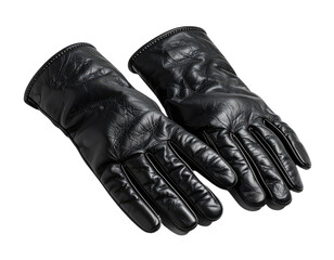 Pair of black leather gloves with textured surface and intricate stitching, isolated on black background