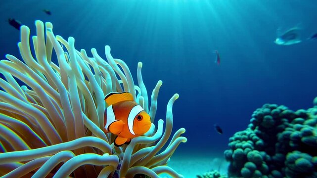 Beautiful ocellaris clownfish, also known as percula clownfish, gracefully swims near its host anemone, showcasing vibrant orange and white stripes in the clear blue water