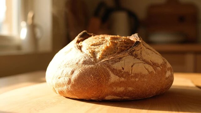 Artisan Loaf in Warm Light: A freshly baked artisan loaf of bread sits on a wooden board, bathed in the soft glow of natural light, evoking warmth and comfort. 