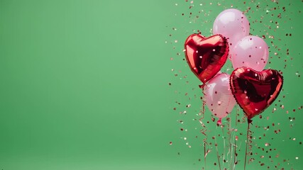 A Celebration of Love: Heart-Shaped Balloons Amidst Shimmering Confetti on a Vibrant Green Background, Perfect for Romantic Occasions or Festive Gatherings