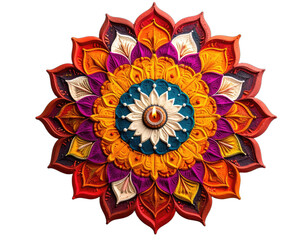 Colorful, ornate mandala with multi-layered petals and a central candle flame