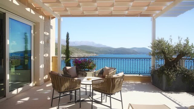 Sunlit coastal terrace with circular table, four woven chairs, olive and cypress pots, ornate iron railing, turquoise sea, rocky headlands, distant mountains.