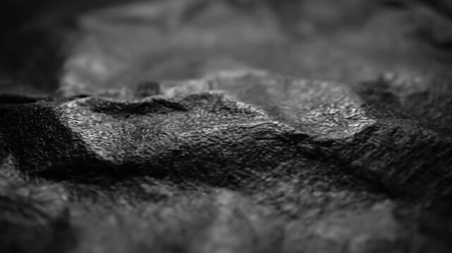 Macro view of a wrinkled dark gray surface with textured details, Abstract close-up of crumpled metallic foil reflecting light, Abstract textured background with dramatic lighting