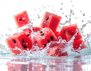Cubed, vibrant red, juicy fruit splashing in clear water