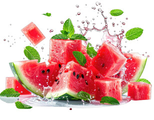 Sliced watermelon arranged on a shiny surface, accented with mint, and water splashing