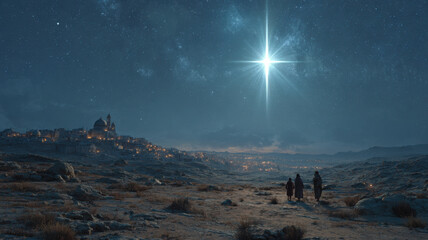 Cinematic Desert Nativity Scene with Star of Bethlehem. Cinematic photograph depicting the Nativity story with the Star of Bethlehem dominating a dark, clear night sky.