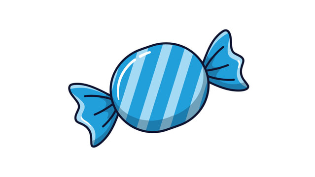 Sweet blue candy with light blue stripes and a shiny wrapper presented in a simple cartoon style on a white background.