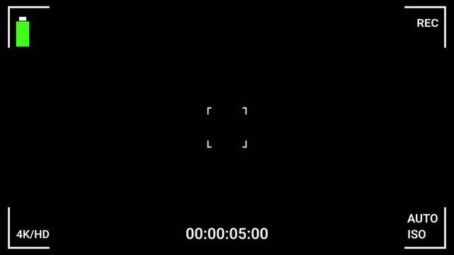 Digital video camera recording screen overlay template with timecode and status on a dark background.