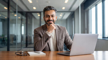 Confident Businessman Smiling in Modern Office with Laptop