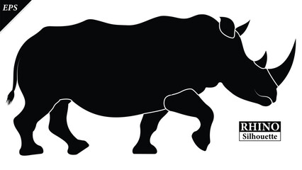 Black silhouette of rhinoceros isolated on white background, Beautiful rhinoceros logo icon vector design, standing, rhino silhouette vector illustration, vector. Black rhino Silhouette logo design  © Usman Tahir Isolated