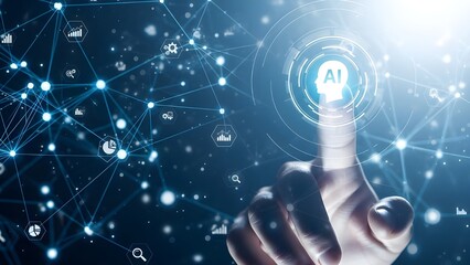 Human Hand Interacting with AI Icon in a Futuristic Digital Network Environment, Symbolizing Technology and Data Innovation