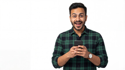 Excited young man happily using smartphone with a surprised expression