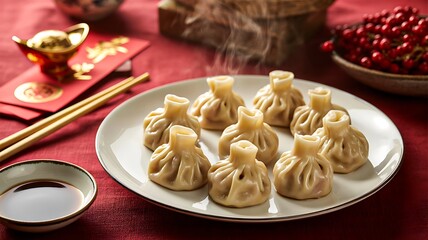 Steamed chinese dumplings served on plate with traditional table setting
