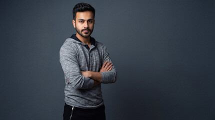 Confident Young Man in Grey Hoodie, Arms Crossed
