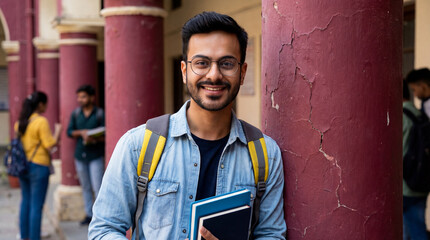 Smiling Young Indian Male Student Holding Books on Campus