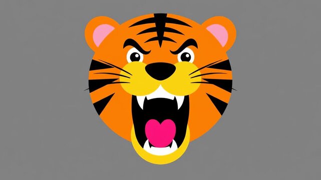 Roaring cartoon tiger face with an open mouth and sharp teeth, Fierce and playful stylized tiger illustration for graphic design