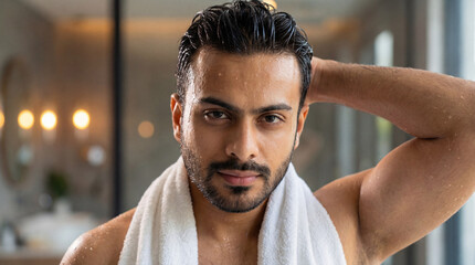Handsome Man with Wet Hair and Towel After Shower