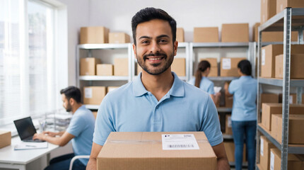 Happy male worker holding parcel in a busy logistics center.