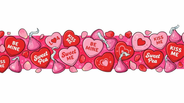 A vibrant collection of cartoon conversation heart candies and scattered hearts creates a playful valentine s day border design